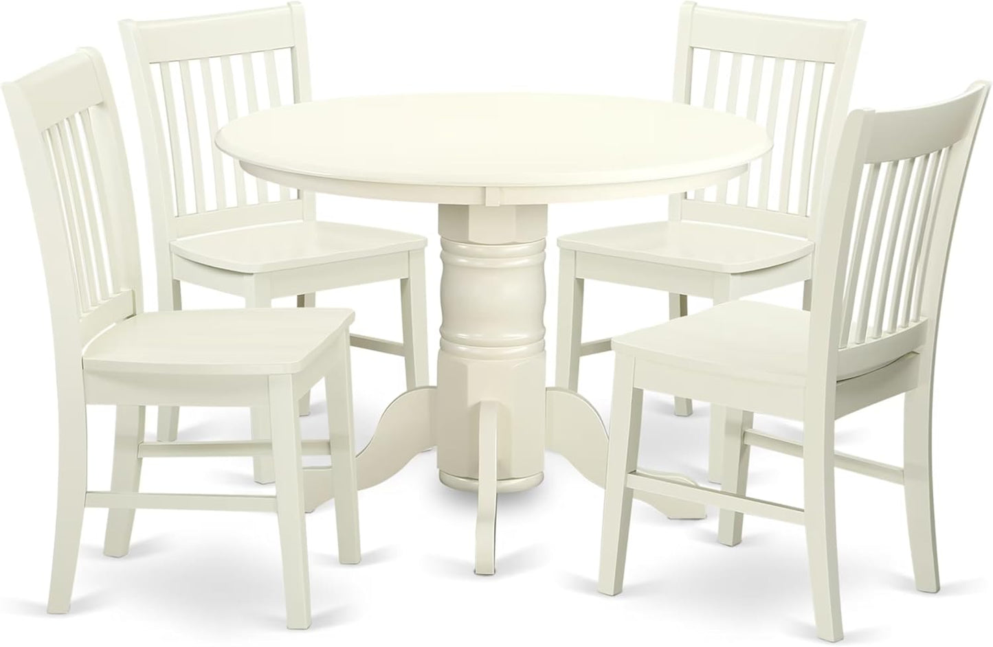 East West Furniture SHNO5-LWH-W 5 Piece Kitchen Table & Chairs Set Includes a Round Dining Room Table with Pedestal and 4 Solid Wood Seat Chairs, 42x42 Inch, Linen White