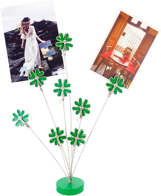 8-Branch Family Tree Picture Frame Holder, Card Photo Clips Holder Desk Stand for Memo Paper Note Photo Christmas Wedding Card Display (Green Clover)