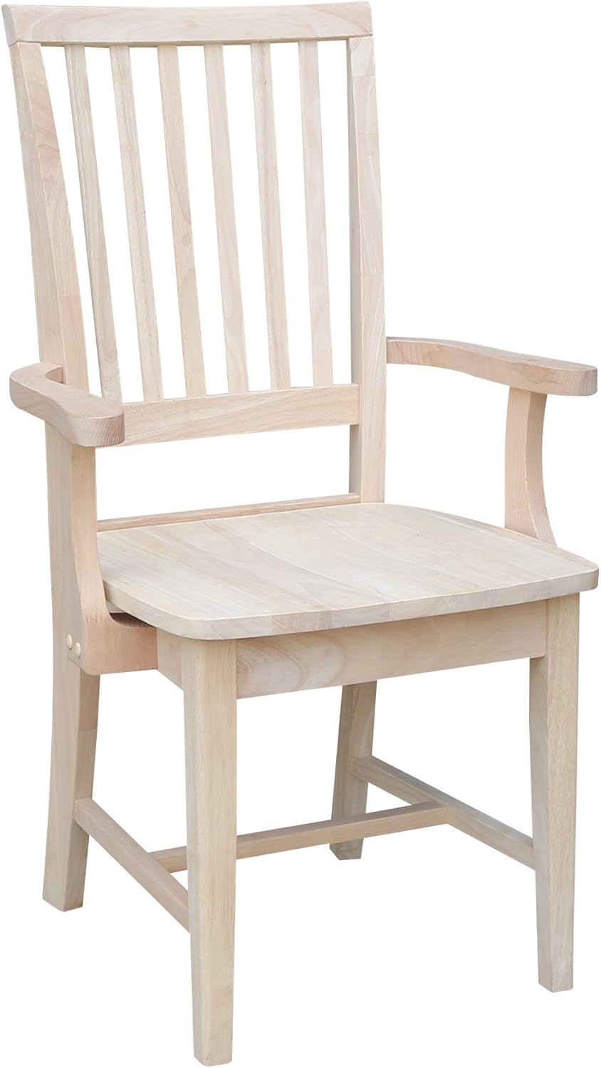 IC International Concepts Mission Side Chair with Arms Solid Parawood, Box Seat Construction, Kitchen/Dining, 22"W x 21"D x 39"H, 225 Lbs Wt. Capacity, DIY, Paint/Stain In Any Color, Unfinished