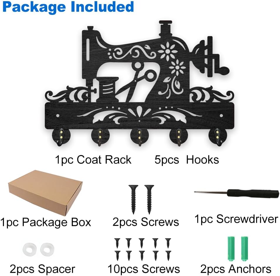 MAYJOYDIY Wooden Sewing Machine Key Hook 11.8 x 7.8 inch Flower Sew Coat Hooks Wall Mounted Storage Hooks Floral Art Hat Racks with 5 Alloy Hooks for Entryway Bedroom Living Room