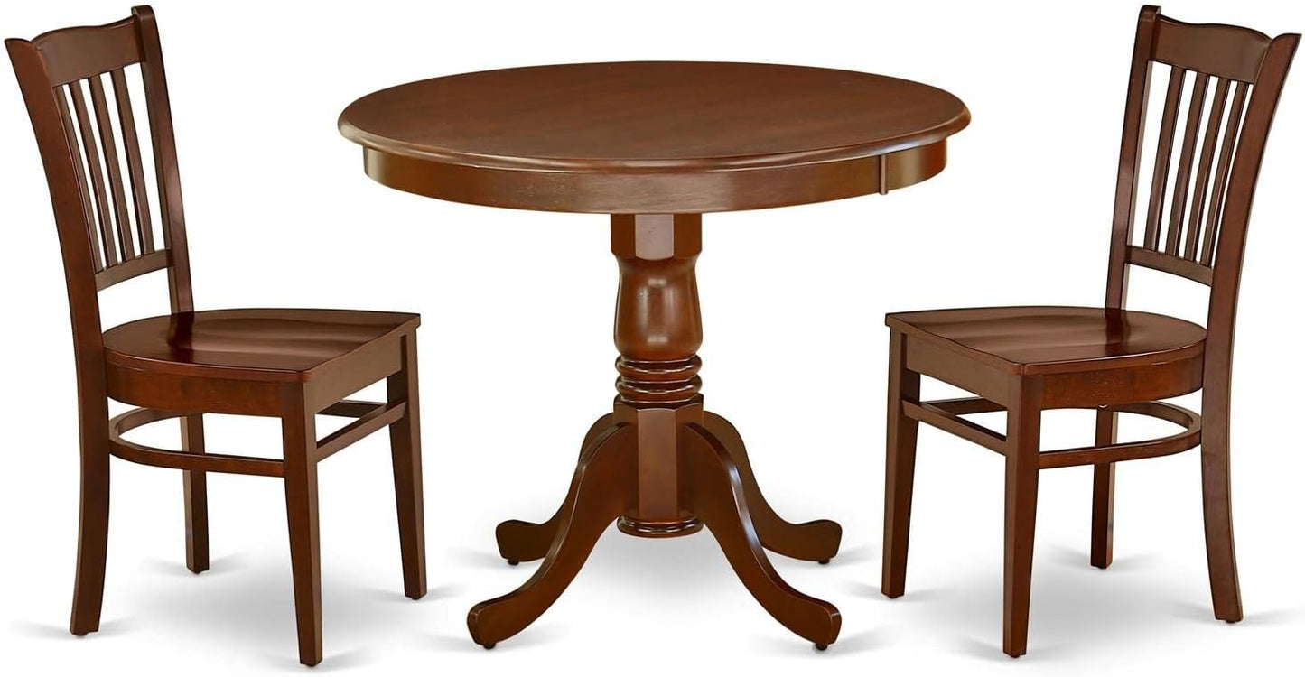 East West Furniture ANGR3-MAH-W 3 Piece Dinette Set for Small Spaces Contains a Round Dining Room Table with Pedestal and 2 Kitchen Dining Chairs, 36x36 Inch, Mahogany