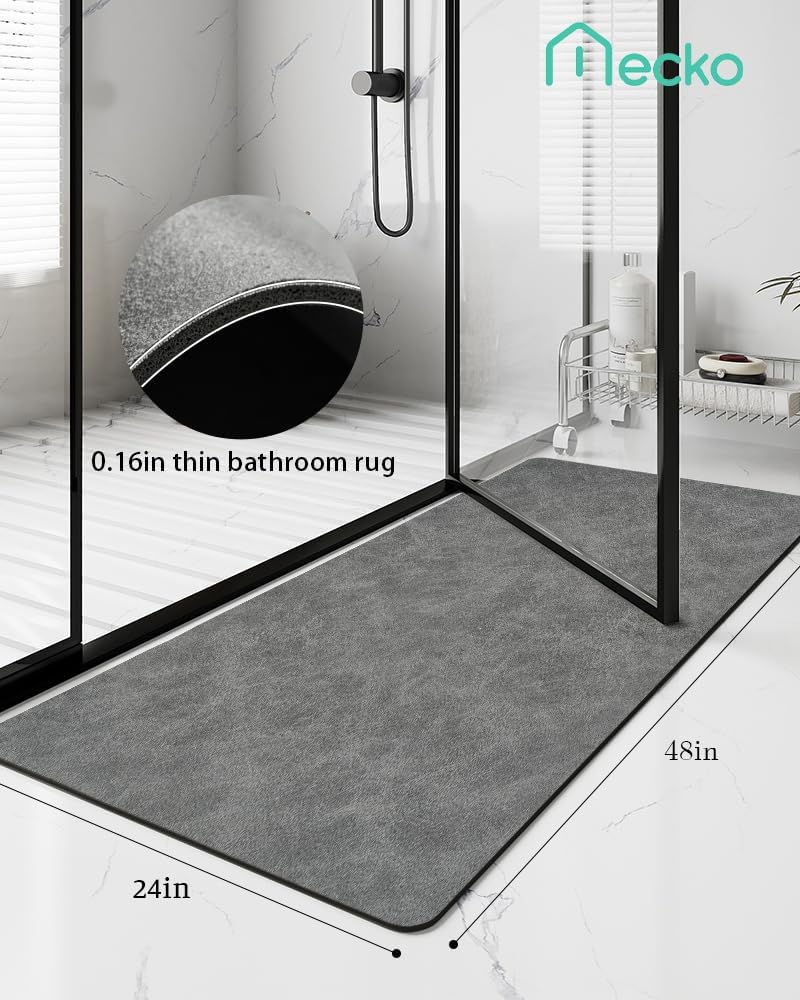 Mecko Bath Mat Rug, Rubber Non-Slip Quick Dry Absorbent Thin Bathroom Rugs Fit Under Door Bathroom Floor Mats-Shower Rug for in Front of Bathtub, Sink, Shower Room(Dark Grey,24"x48")