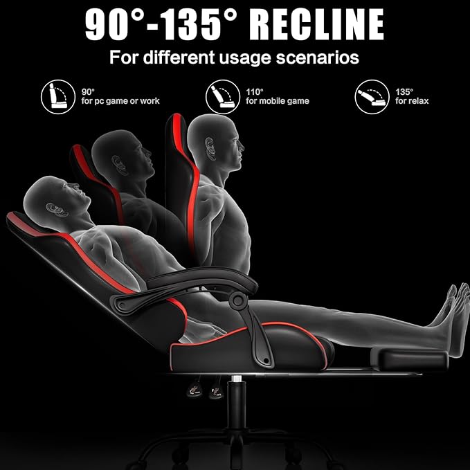 Gaming Chair with Footrest Racing Style Lumbar Support Massager Video Game Chair with Metal Legs, High Back Gamer Chair with Headrest, 360° Swivel Office Computer Desk Chair, Bright Red
