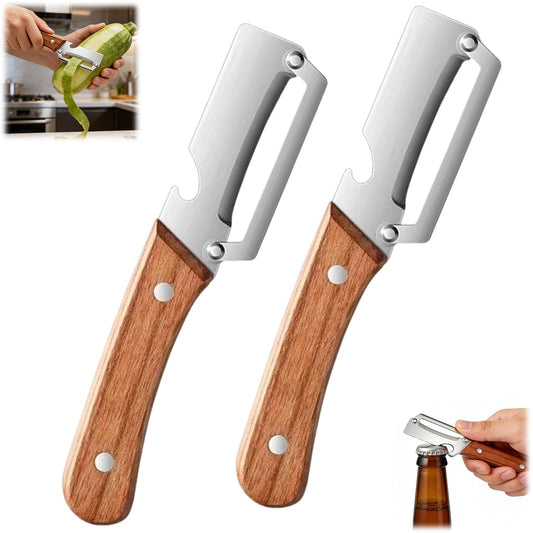 2PCS Multi Functional Premium Vegetable Peeler with Wooden Handle and Bottle Opener,Stainless Steel Blade Kitchen Tool for Fruit Apple Potato Pumpkin Papaya Carrot