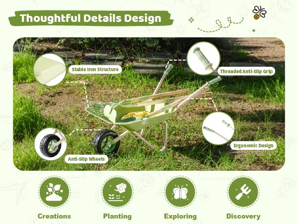 ROBUD Kids Wheelbarrow Set, Green Metal Toddler Wheelbarrow with Shovel, Hoe, Broom & Gloves, Kid Gardening Set for Kid to be Closer to Nature, WRP43