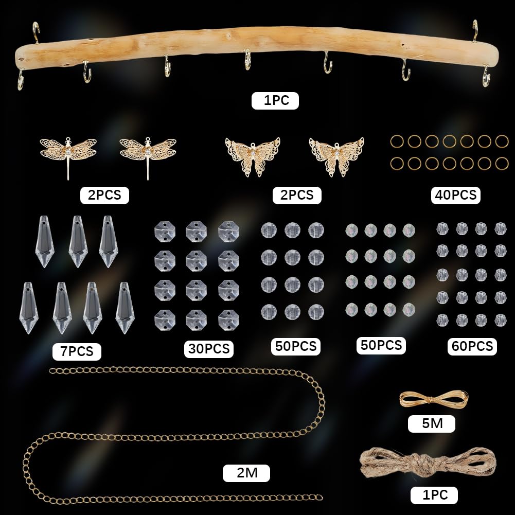 SUNNYCLUE Driftwood Wall Hanging Driftwood Decorative Branches 16 Inch Suncatcher kit Butterfly Dragonfly Charms Glass Acrylic Beads Wood Wind Chimes for Outside Indoor Diy Wall Hanging Ornament Decor