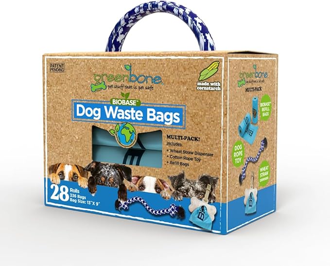 Greenbone BioBase Blue Dog Poop Bag Refills: 28 Rolls - 336 Bags with Dispenser and Rope Toy Handle- Dog Gift Set