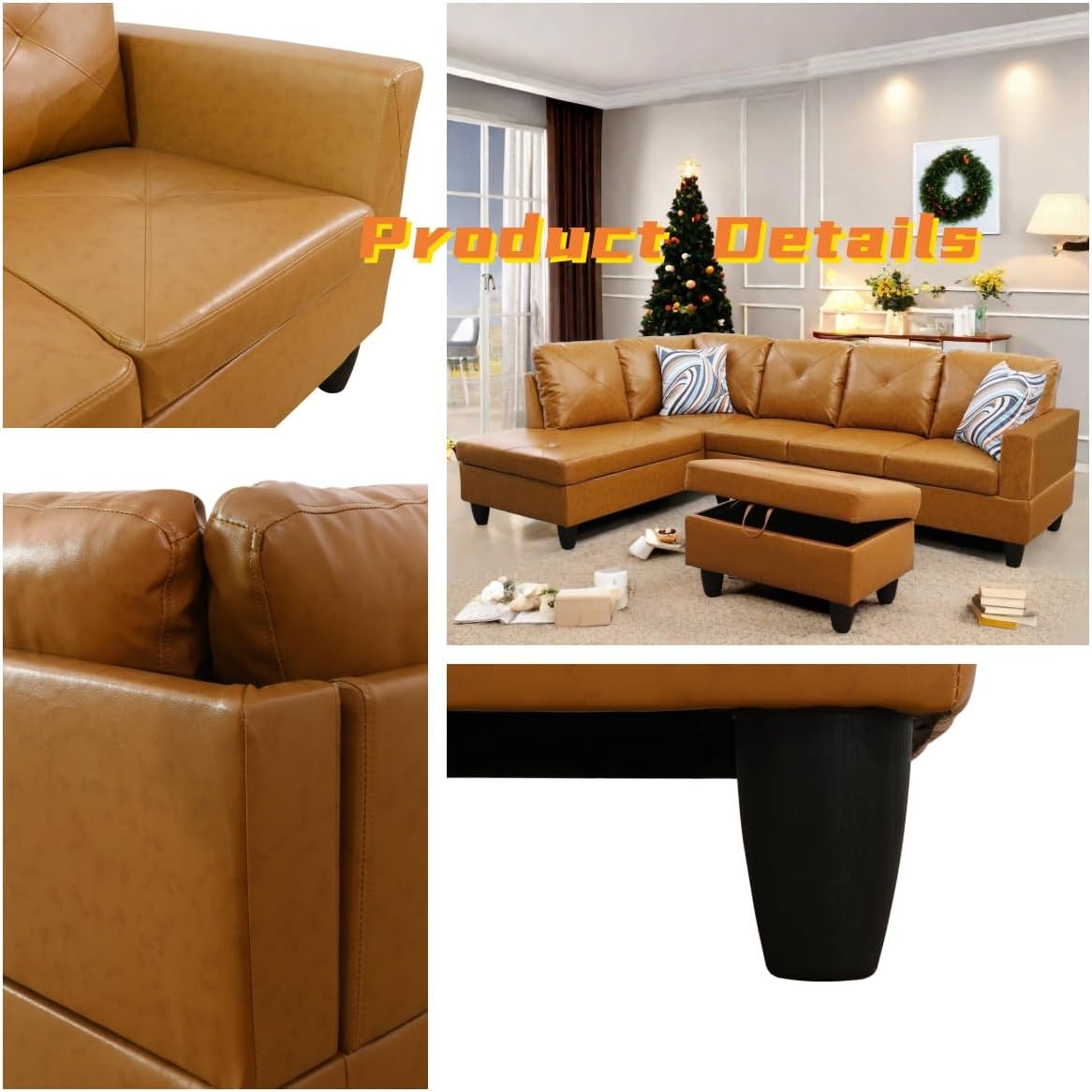 L Shaped Sectional Couch with Otttoman, 97" Leather Sectional Sofa for Living Room Modular Couches with Cup Holders for Bedroom, Apartments, Ginger