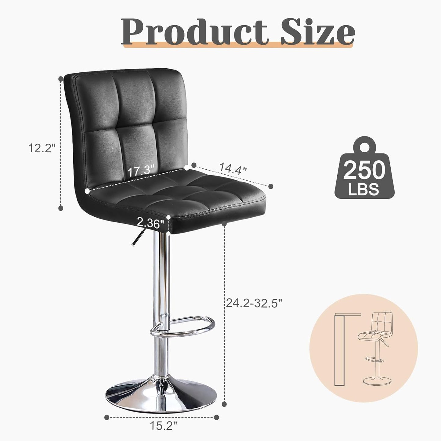 Sweetcrispy Bar Stools Set of 4, Armless PU Leather Adjustable Swivel Barstools, Hydraulic Kitchen Counter Height Thickened Seat Cushion Square Island Countertop Chairs with Back - Modern Black