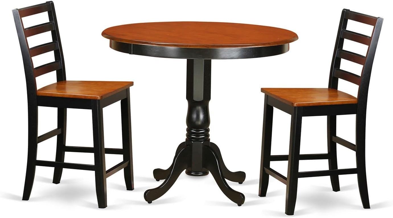 East West Furniture TRFA3-BLK-W 3 Piece Counter Height Dining Set for Small Spaces Contains a Round Dining Room Table and 2 Wooden Seat Chairs, 42x42 Inch, Black & Cherry