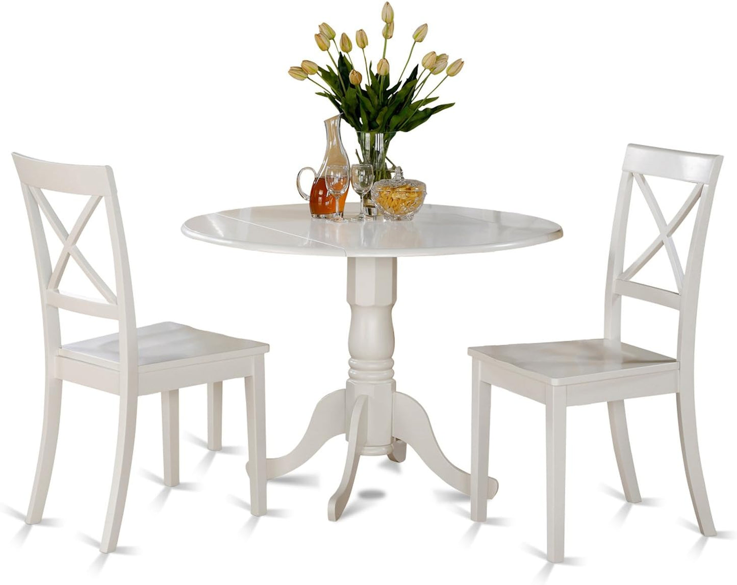 East West Furniture DLBO3-WHI-W 3 Piece Dining Room Table Set Contains a Round Kitchen Table with Dropleaf and 2 Dining Chairs, 42x42 Inch, Linen White
