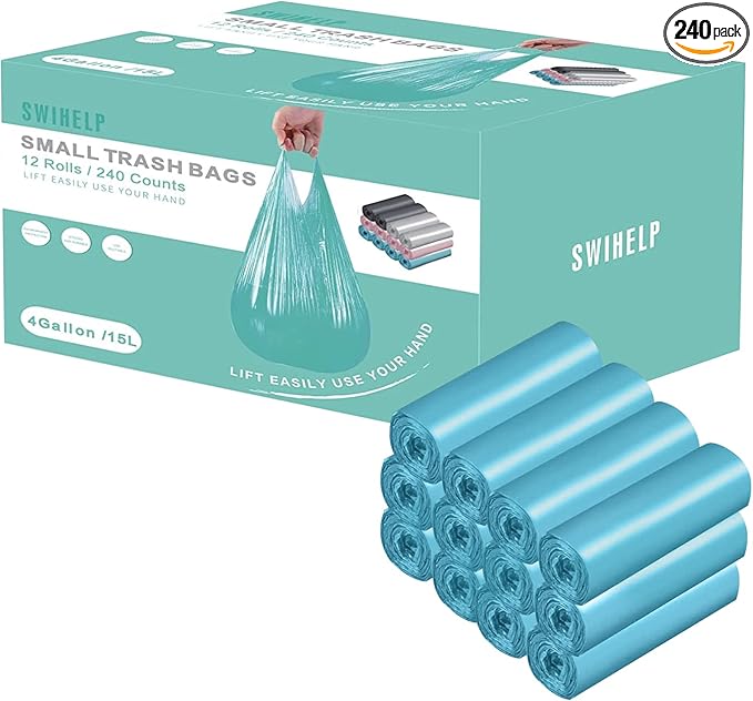 Small Trash Bags 240 Count Garbage Bags SWIHELP Waste Basket Liners for Bathroom, Kitchen,Bedroom, Office Pet Car 15 Liter Trash Can 4 Gallon…