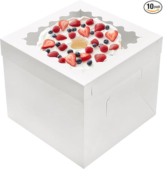 10pcs Cake Boxes 12 Inch, 12x12x8in White Bakery Boxes with Window,10in 12in Tall Cake Boxes, Large Baking Boxes,Disposable Cake Containers with Lids