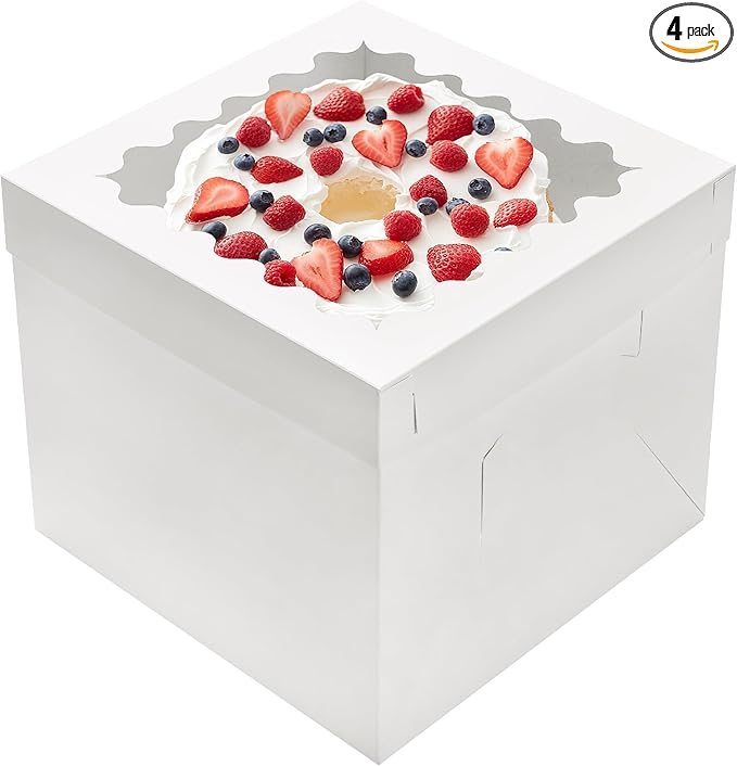 4pcs 12 Inch Tall Cake Boxes, 12x12x10in White Bakery Boxes for Tier Cakes with Window,10in 12in Baking Boxes,Large Cardboard Bakery Take Out Carrier Containers with Lids