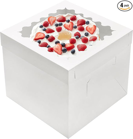 4pcs 12 Inch Tall Cake Boxes, 12x12x10in White Bakery Boxes for Tier Cakes with Window,10in 12in Baking Boxes,Large Cardboard Bakery Take Out Carrier Containers with Lids