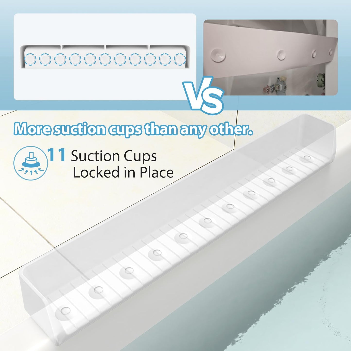 AyNirser Bathtub Splash Guard Play Shelf Over Tub 31” with Strong Suction Cups, Silicone Tub Water Guards Toy Tray Holder No Mess Water Spill in Bathroom-White