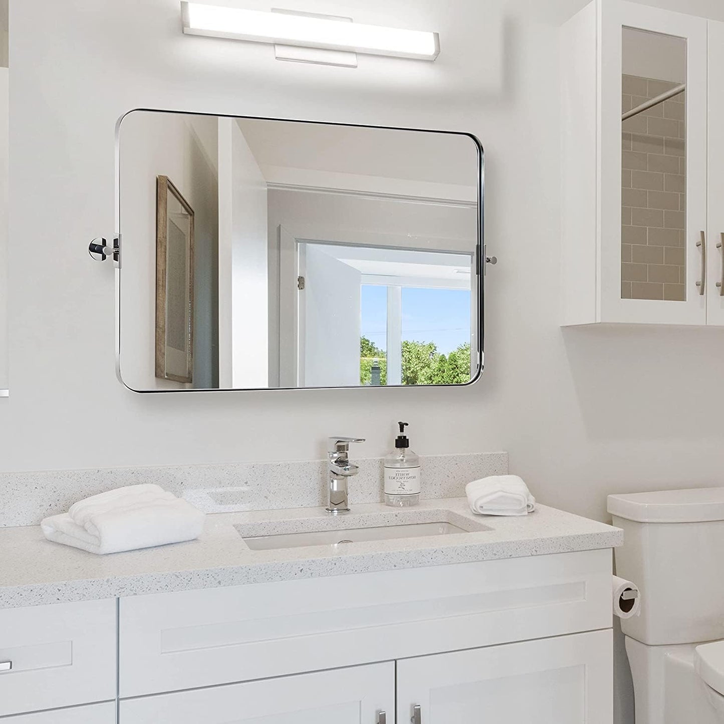 MOON MIRROR 36" x 24" Brushed Nickel Rectangle Bathroom Mirror, Tilting Rounded Rectangular Metal Framed Pivot Wall Mirror, Hangs Horizontally Only(Overall 39.75" x 22")