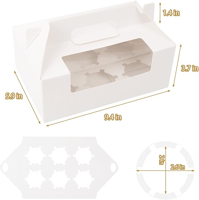 FORBFAN 6 Count Cupcake Boxes, 50 Pack Cupcake Containers with Handle, Window, and Inserts – Holds 300 Standard Cupcakes, Food-Grade Gable Boxes for Muffins, Cakes, and Party Desserts
