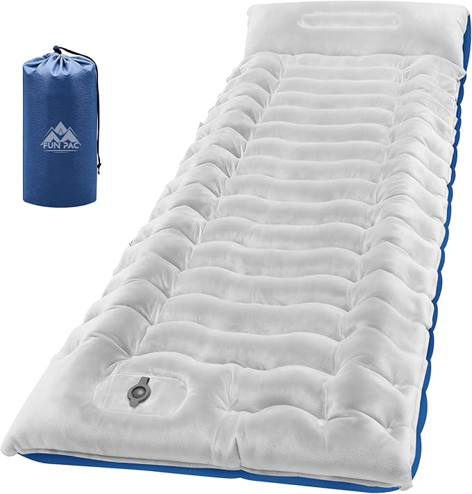Camping Sleeping Pad, Ultralight Camping Mat with Pillow, Built-in Foot Pump Inflatable Sleeping Pads Compact for Camping Backpacking Hiking Traveling Tent,Single,Light Gray.