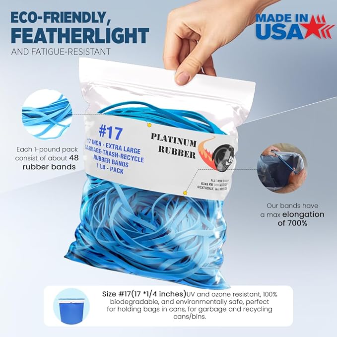 Garbage Trash Can Rubber Bands Blue Large Size 17" Inch Rubberbands Kitchen Compactor Tote Bin 55-65 Gallon, 95, 96-100 Gal Toter Oversize Big bag liner holder, 55 Drums Litter Pails Buckets (25-Pack)