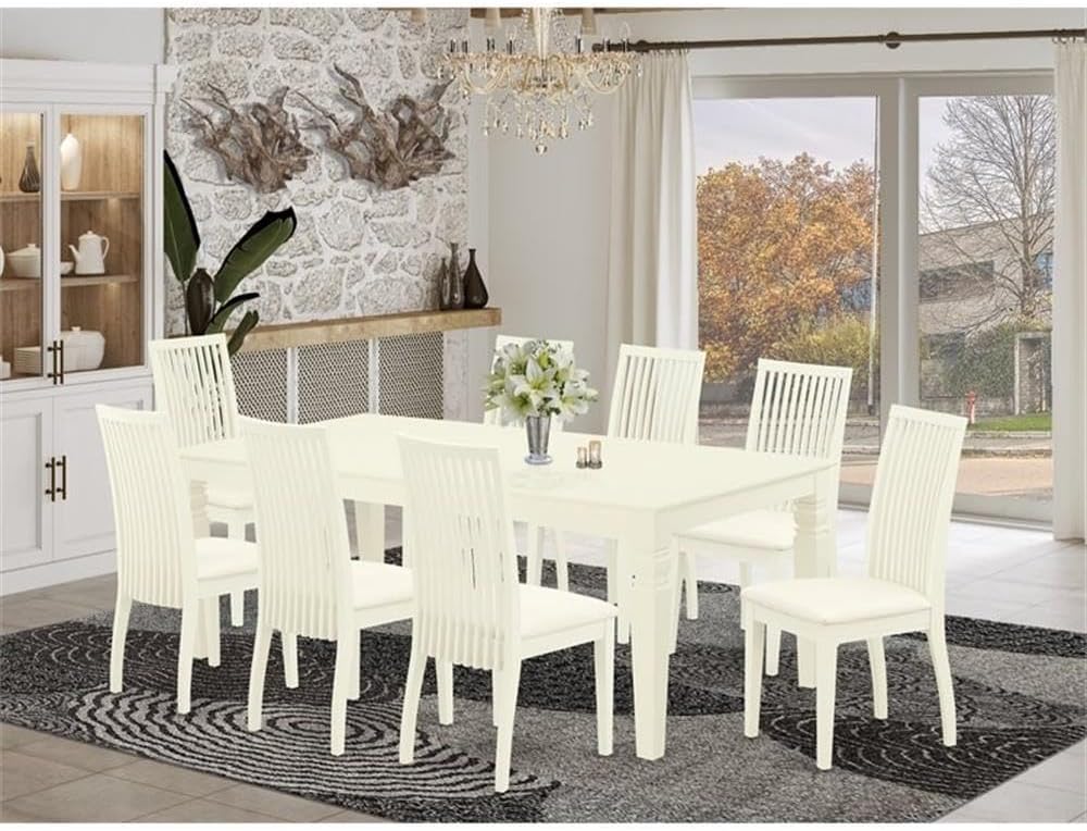 East West Furniture LGIP9-LWH-C 9 Piece Dining Room Table Set Includes a Rectangle Kitchen Table with Butterfly Leaf and 8 Linen Fabric Upholstered Dining Chairs, 42x84 Inch, Linen White