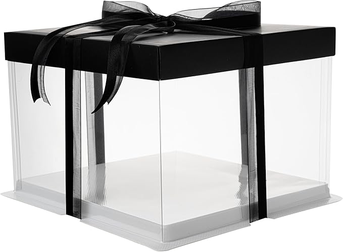 Sweet Vision Square Clear Plastic Cake Box - Black Lid and White Base, Black Ribbon - 8 1/2" x 8 1/2" x 6 3/4" - 10 count box