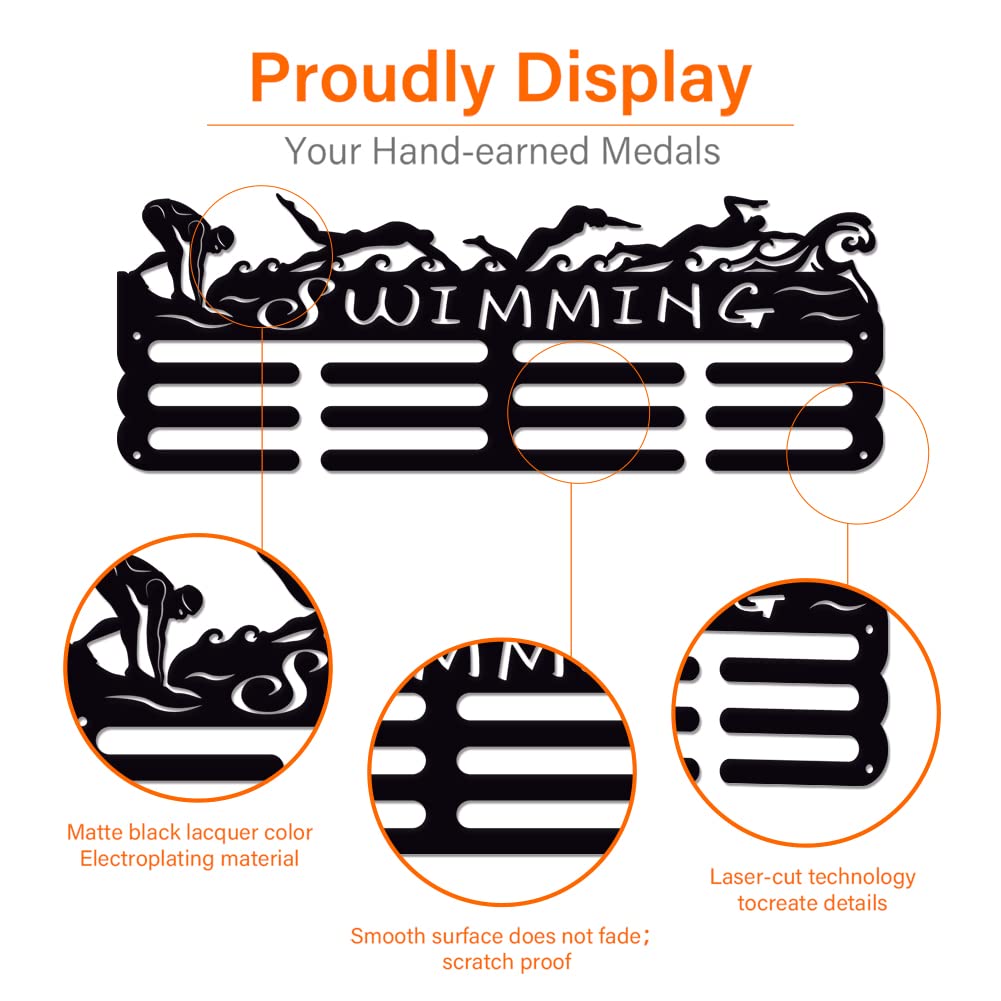 SUPERDANT Swimming Medal Holder Display Hanger Rack Sports Metal Wall Mount Ribbon Award Holder Display Rack Swim Race Medal Hanging Organizer Gifts for Kids Athletes Swimmer 15.75x6in