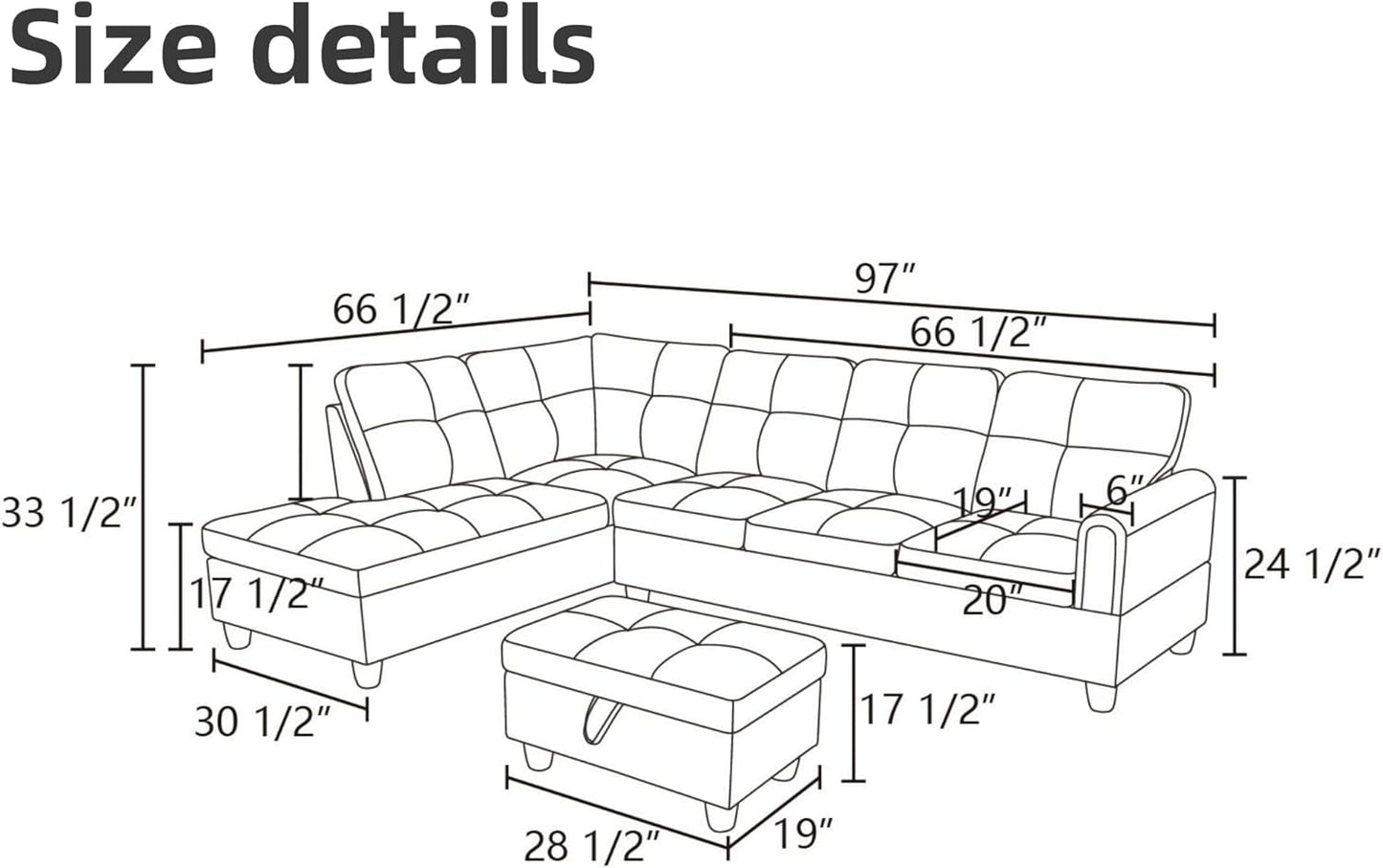 L Shaped Sectional Couches, Leather Couch Modular Sectional Sofa with Ottoman Storage, Modern L Shaped Couch with Chaise for Living Room Bedroom Apartment Furniture, Gray
