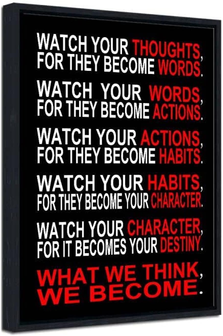 Pyradecor Black Framed Canvas Wall Art Watch Your Thoughts Motivational Classroom Poster Canvas Prints for Office Living Room Home Decorations