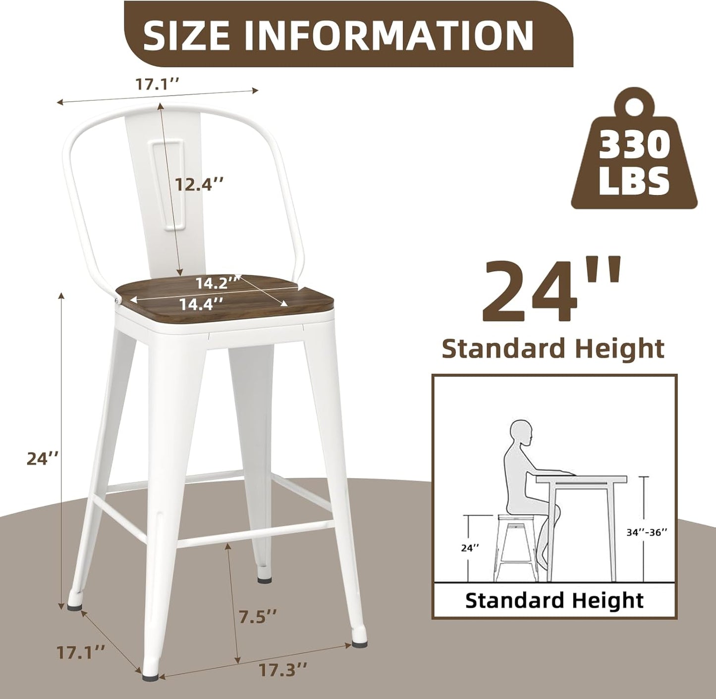 24” Swivel Bar Stools Set of 4, Counter Height Bar Stools Wooden Seat, Metal Industrial Bar Chairs with High Back for Kitchen Island (White)