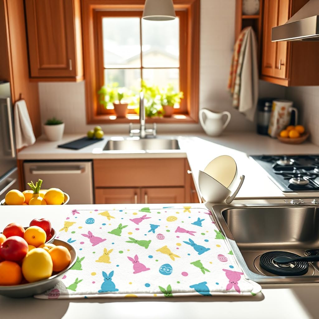 Easter Dish Drying Mat for Kitchen Counter 16''x18'' Microfiber Absorbent, Small & Compact Red Kitchen Draining Mat for Countertops Dish Drainer Mat Drying Pad Foldable Utensils, and Cookware