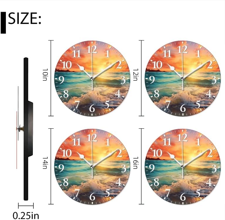 Beach Wall Clock Non-Ticking Silent Clocks Battery Operated Analog Decor Clock for Home-Beautiful Sunset Over The Ocean with Waves Crashing On The Shore(12inch)