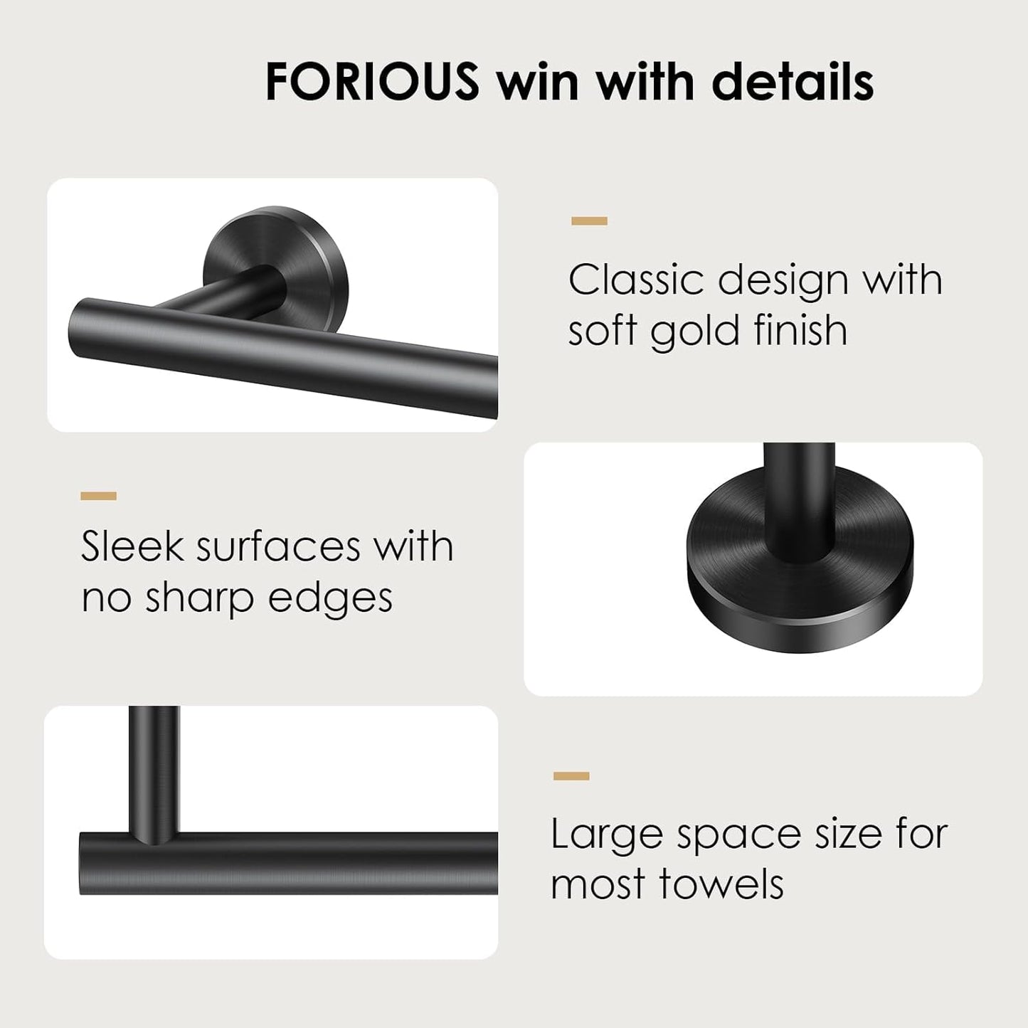 FORIOUS Towel Bar Wall Mounted, Stainless Steel Towel Racks for Bathroom, Includes Wall Mounting Hardware (Matte Black, 23 Inch)
