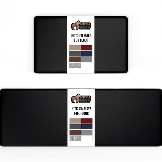 GORILLA GRIP 2 Pack Comfortable Cushioned Kitchen Mats for Floor, 17x24 + 17x48, Waterproof and Stain Resistant, 1/2 Inch Thick Soft Ergonomic Standing Desk Anti Fatigue Mat, Foam Supports Feet, Black