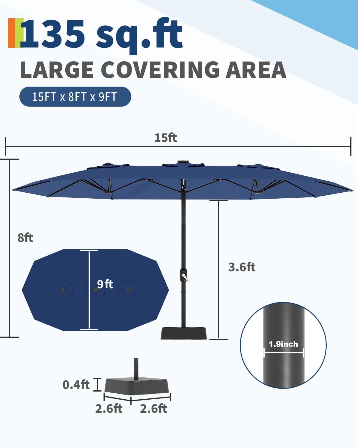 GarveeLife 15FT Large Patio Umbrella with Base Included, Double-Sided Rectangle Market Umbrella with Cross Base and Sandbag for Pool Lawn Garden (Navy Blue, 15 ft)