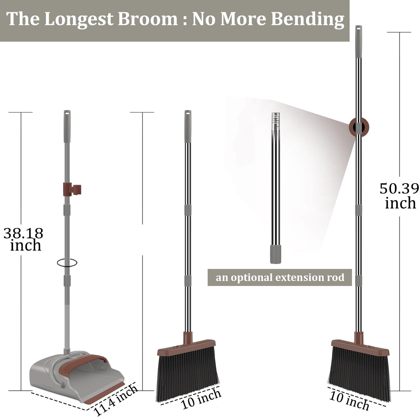 kelamayi Upgrade Broom and Dustpan Set, Self-Cleaning with Dustpan Teeth, Ideal for Dog Cat Pets Home Use, Super Long Handle Upright Stand Up Broom and Dustpan Set (Brown)