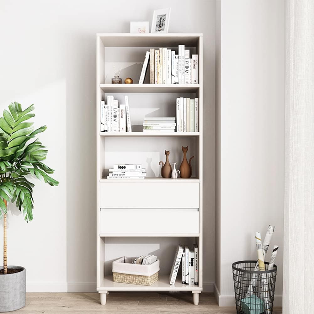 IOTXY White Mid-Century Bookcase with Legs - 67" Tall Open Shelves Cube Billy Bookshelf with Double Drawers for Home and Office