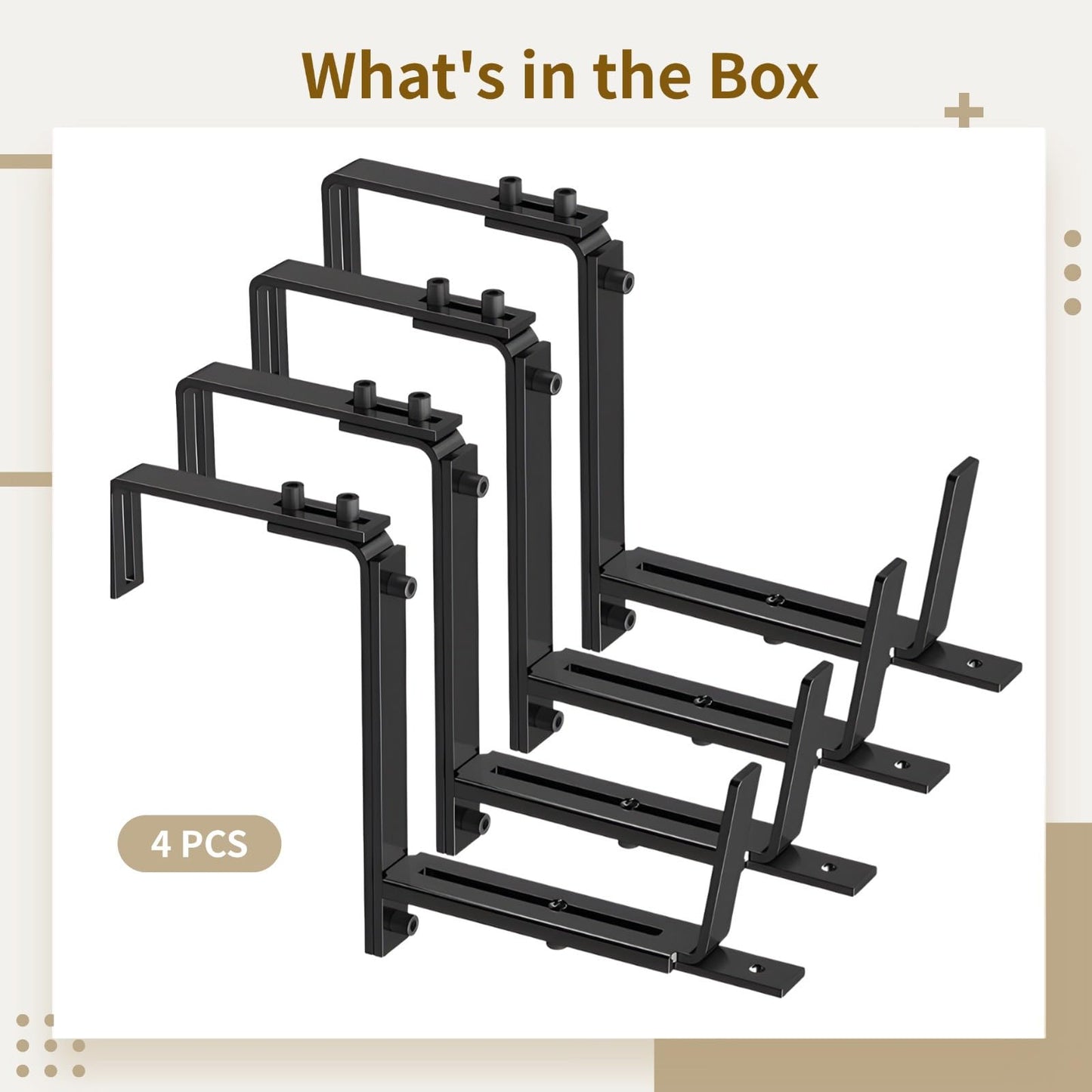 boxoon 4 Deck Rail Planter Box Brackets, Adjustable Iron Holders, Rustproof Coating, Fits 2-7 In Rails, 5.9-12.6 In Pots