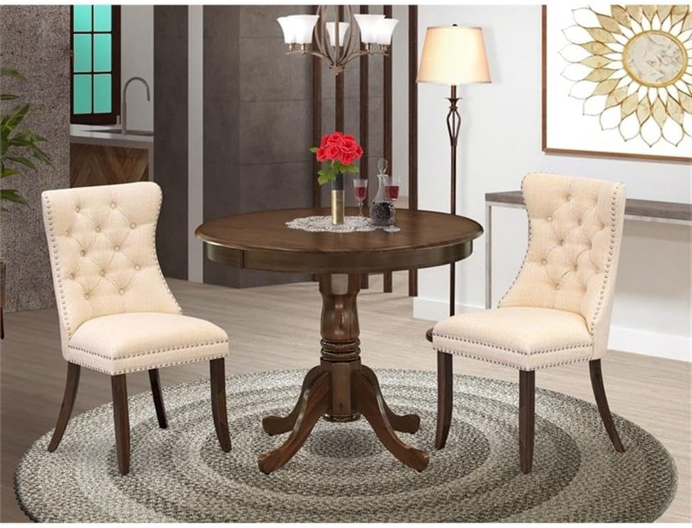 East West Furniture ANDA3-AWA-32 3 Piece Modern Dining Table Set Consists of a Round Kitchen Table with Pedestal and 2 Polyester Fabric Padded Chairs, 36x36 Inch, Antique Walnut