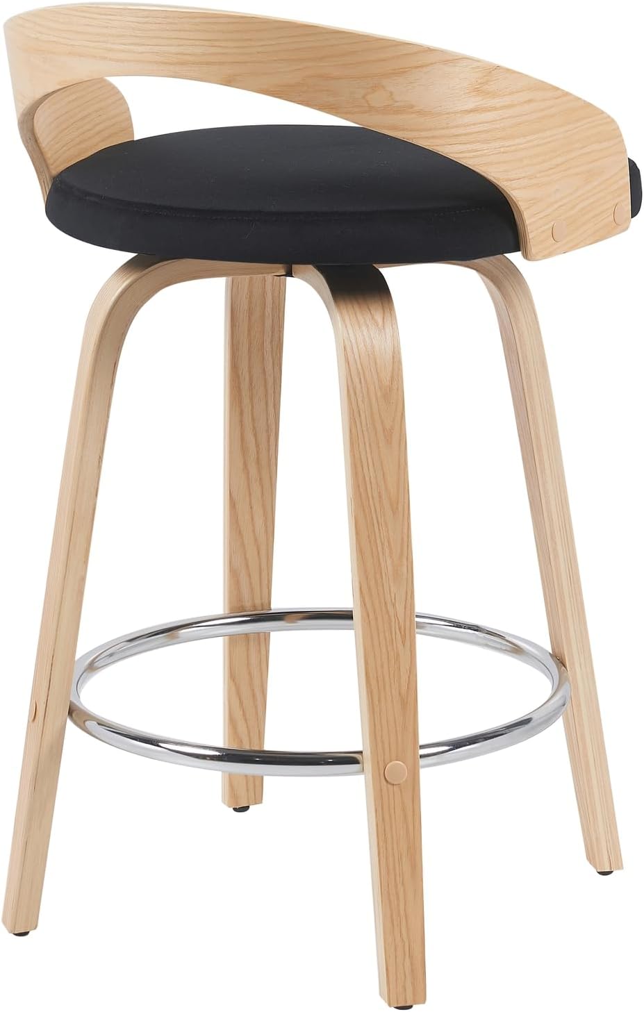 Sonia Modern Swivel Counter Height Bar Stool with Black Upholstered Seat and Patterned Oak Wood Finish Set of 4