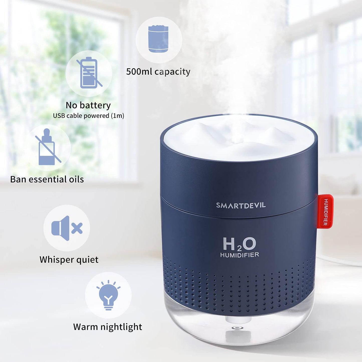 Smartdevil Small Humidifiers, 500Ml Desk Humidifiers, Whisper-Quiet Operation, Night Light Function, Two Spray Modes, Auto Shut-