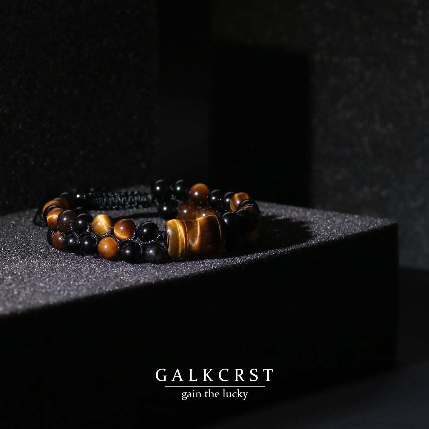GALKCRST Tiger Eye Black Obsidian Bracelet for Men, Double Layer Natural Stone Beads Bracelet with Bone-Shaped Tiger Eye Focal Bead, Adjustable Braided Cord Triple Healing Crystal Bracelet, Men's Jewelry Gift