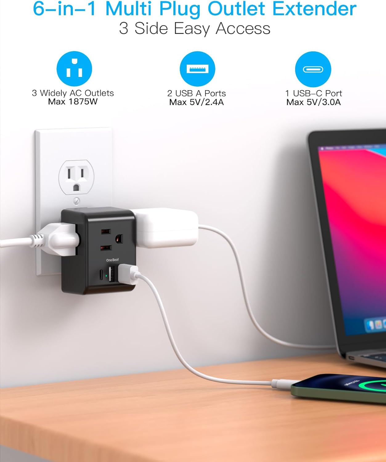 Multi Plug Outlet Extender, Power Strip Non Surge Protector Electric Outlet Splitter with 3 USB Wall Charger (1 USB C), Multiple Outlet Expander for Cruise, Dorm, Travel, Home, Black