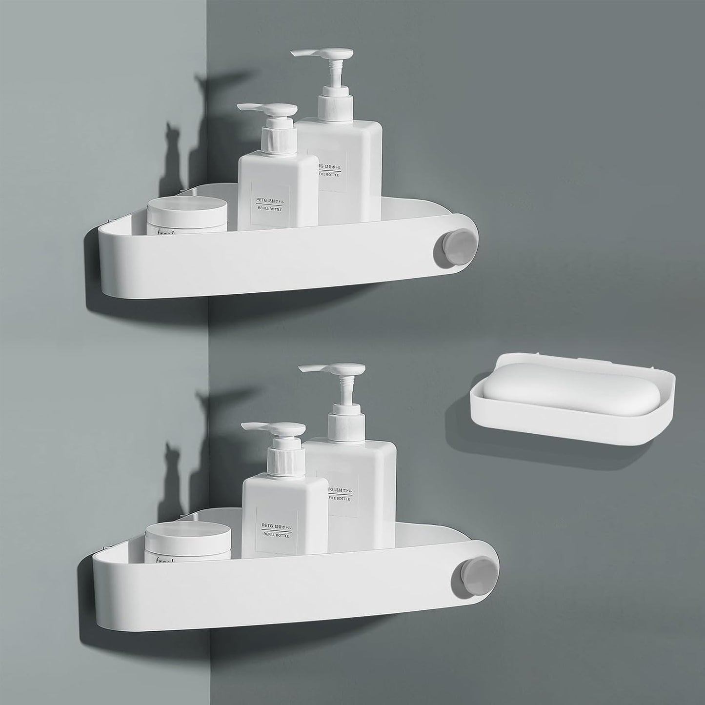 Sotfamily Shower Caddy Corner, Adhesive Corner Shower Shelves for Bathroom Organizers and Storage, Rust Free Plastic Rack for Bathroom Accessories & Decor, 2 Pack + Soap Dish, White