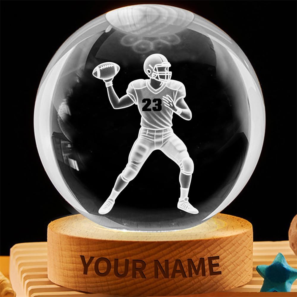 Personalized Football Crystal Night Light Gift for Men Women, Custom Name/Number Football Player 3D Crystal Ball Night Light Lamp for Bedroom Room Sports Decor Party Bar Christmas Birthday Gift