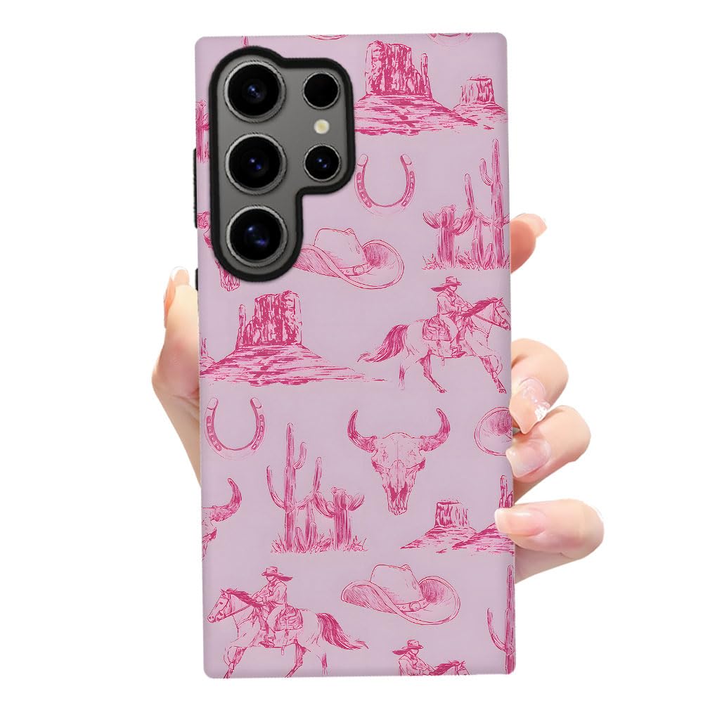 Tnxee Case For Samsung Galaxy S24 Ultra,Pink Hat Horse Western Cowboy Phone Case Drop Resistant Frosted 2 In 1 Solid Dual-Layer