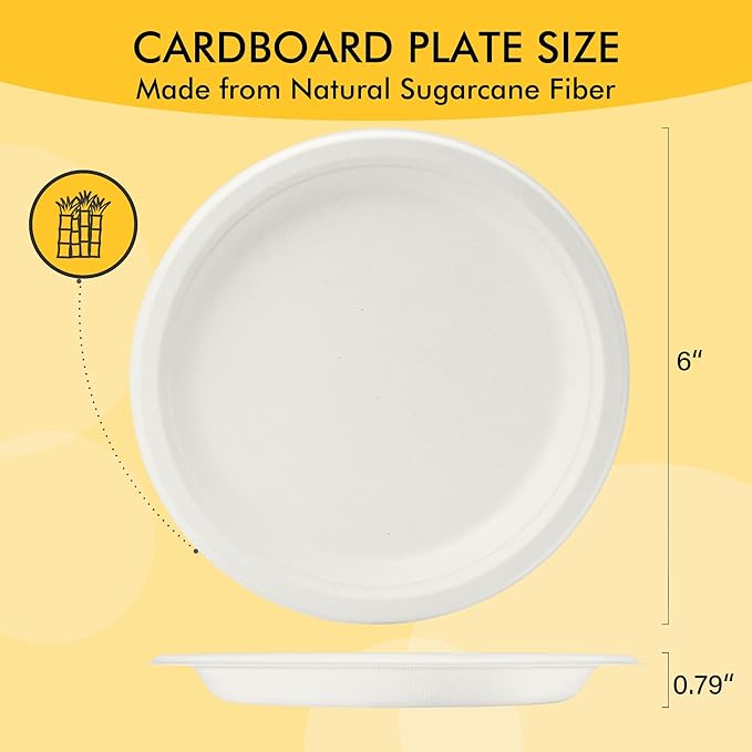 RACETOP Compostable Small Paper Plates 6 Inch [300 Pack], Disposable Biodegradable Heavy Duty Paper Plates, Made of Natural Sugarcane Fibers, Unbleached White, Round