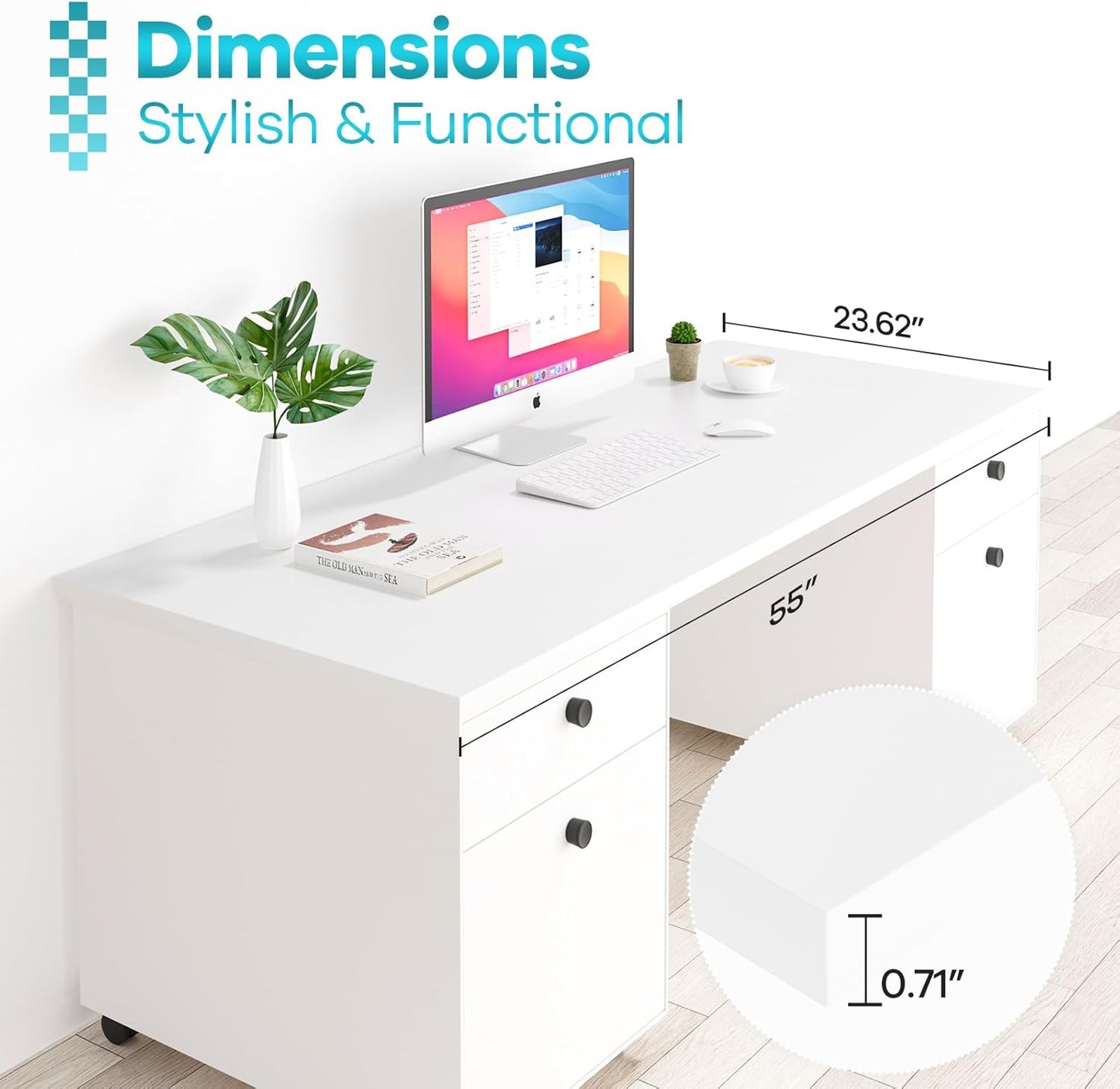 Kaboon White Table Top 23.62" D x 55" W, Solid One-Piece Desktop, Universal Wood Countertop, Reversible Laminate Top, Double Desks, L-Desk DIY, for Home and Commercial