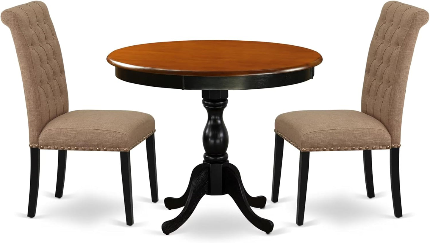 East West Furniture AMBR3-BCH-17 3 Piece Dining Table Set Contains a Round Kitchen Table with Pedestal and 2 Light Sable Linen Fabric Upholstered Kitchen Chairs, 36x36 Inch, Black & Cherry