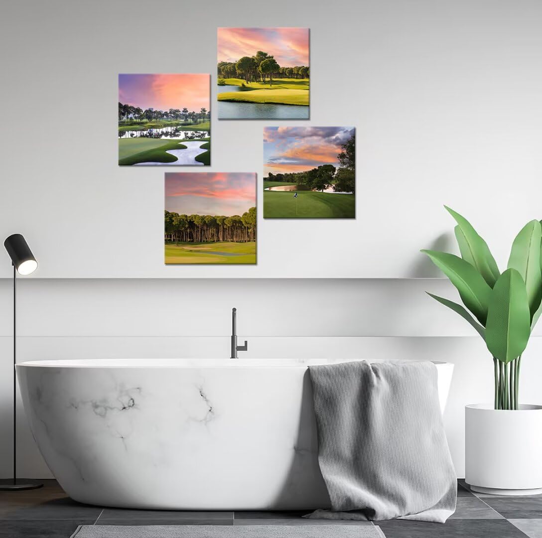 Pankila Golf Course Wall Art for Golf Gym Club Canvas Wall Decor Yellow Green Sunset Landscape Abstract Wall Painting Decor Living Room Bedroom Bathroom Frame Artwork (16''W x 16''H x 4)